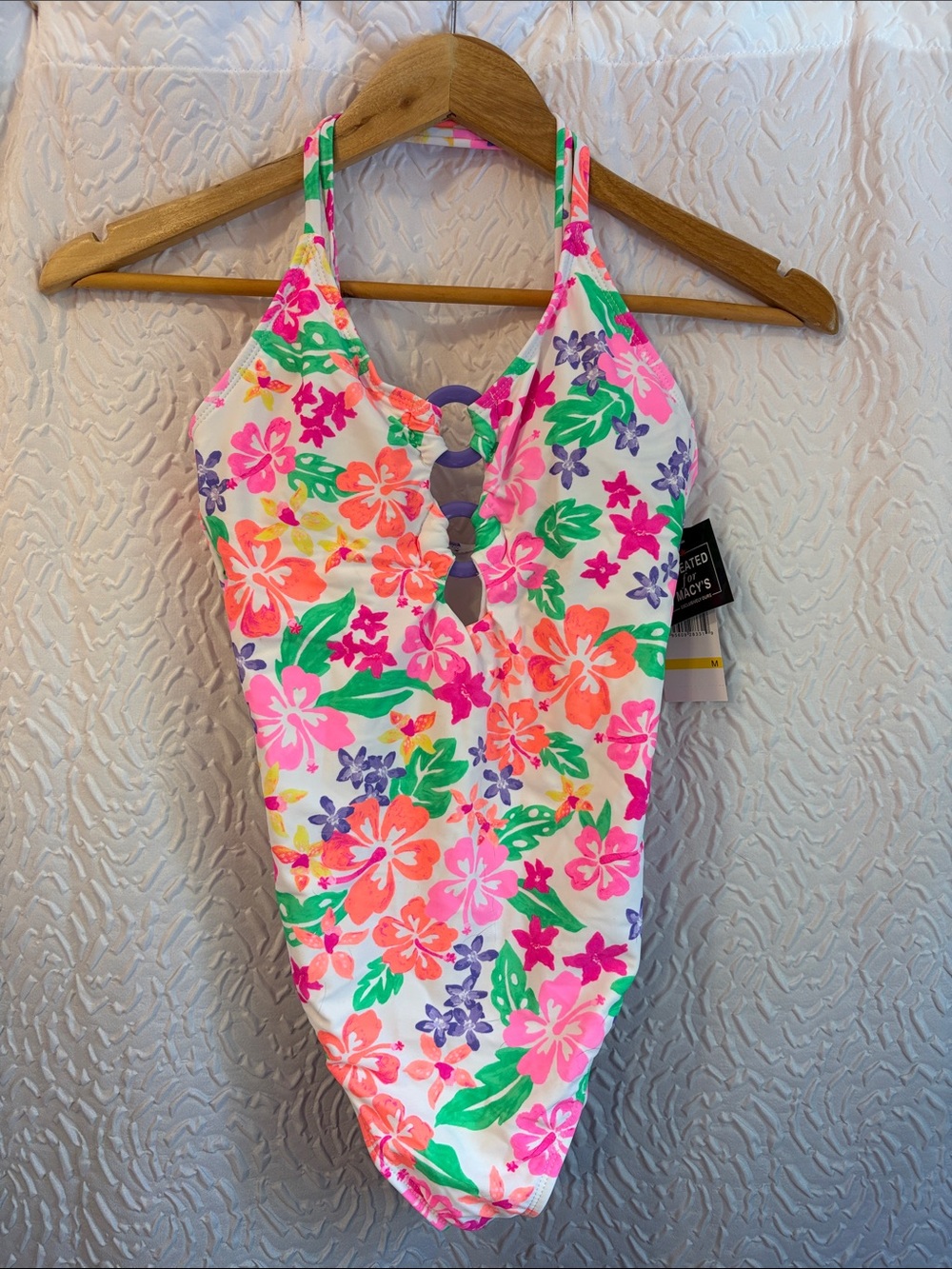 California Waves White One-Piece Swimsuit with Neon Floral Print